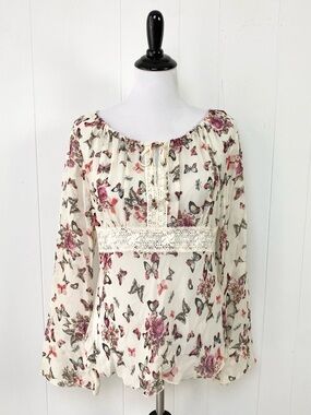 Vintage Y2K 2000s CLIO Pink Beige Butterly Fairycore Blouse Top Sz L